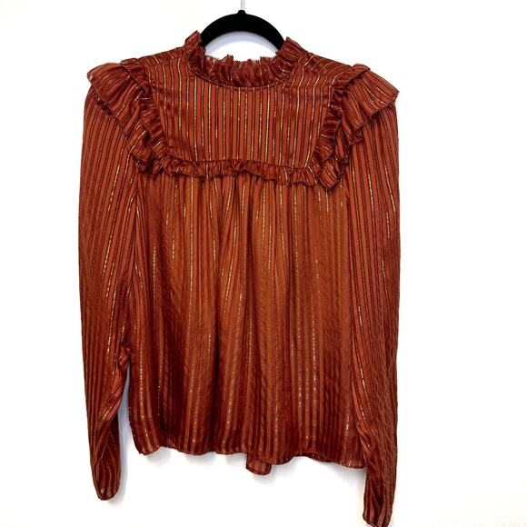 Marie Oliver Estelle Blouse - Silk Metallic Stripe Ruffled Neck Top - Picture 3 of 7